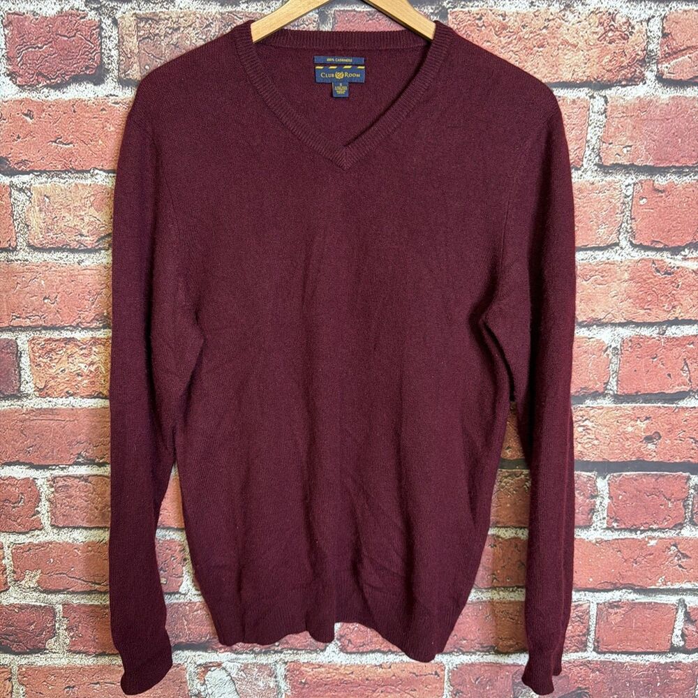 Club Room Men's Burgundy 100% Cashmere V-Neck Luxury Sweater Sz S